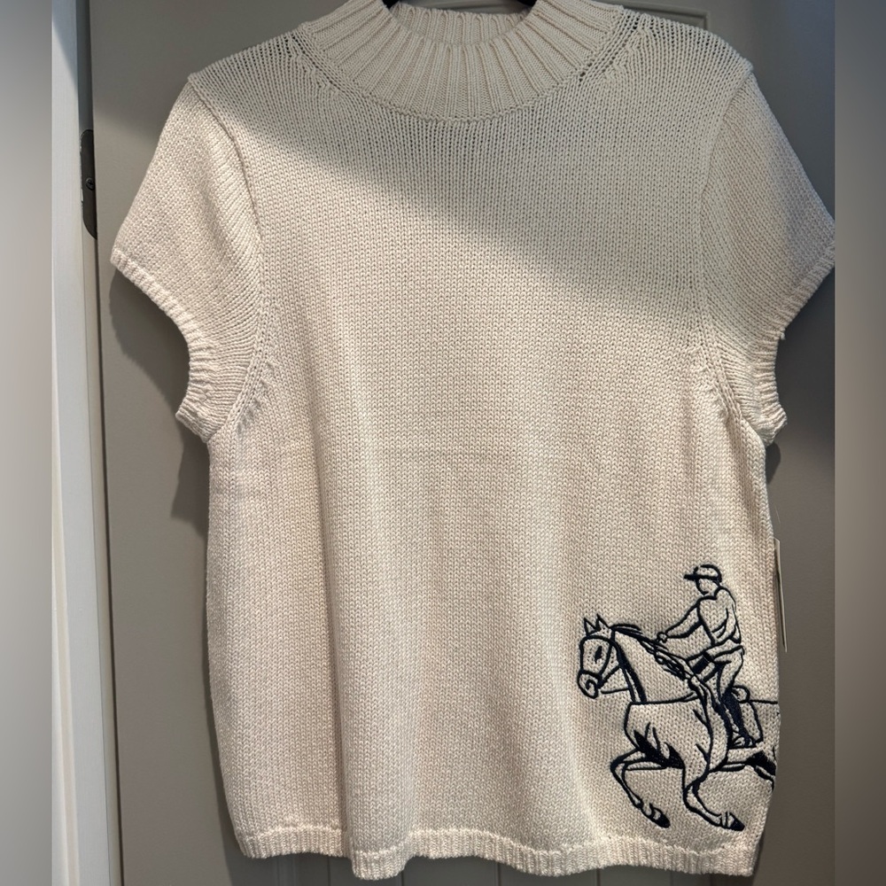 Anthropologie Cream Knit Short-Sleeve Sweater with Navy Horse Embroidery